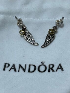 Pandora Rare Two-Tone Angel Wing Stud Earrings Silver and Gold